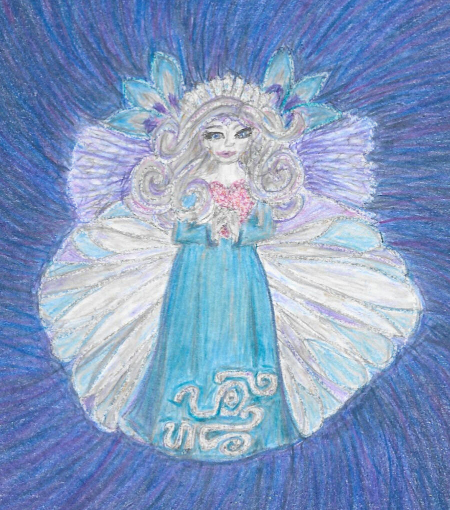 colored pencil drawing of an Oraphim being, wearing a blue dress, holding a pink diamond heart, and wearing a white diamond crown.